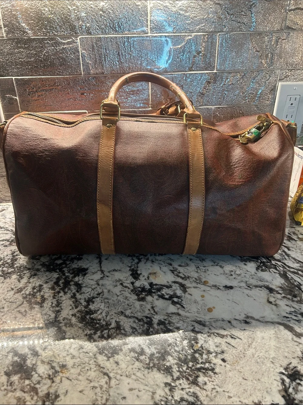 Etro 2 Way Leather Weekender Travel Bag in paisley print incl. all shown